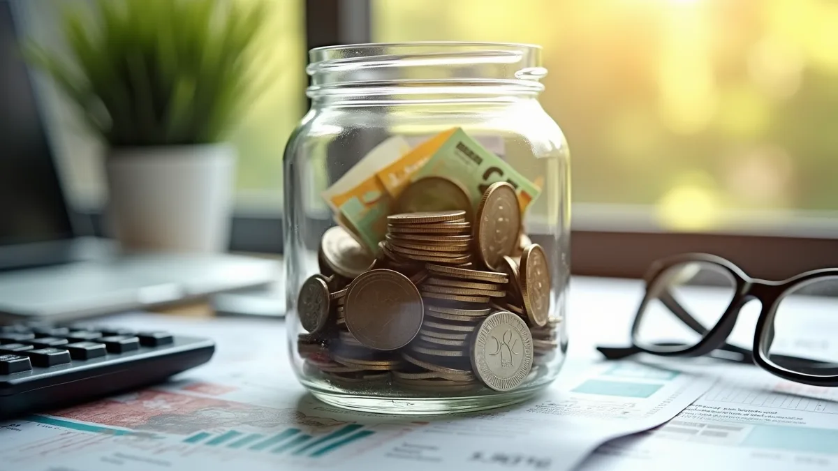 Un bocal rempli de pièces et de billets en euros, avec une calculatrice