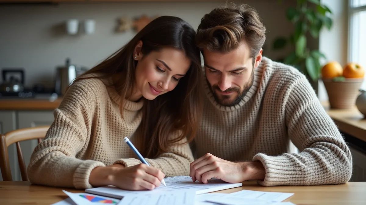 Un couple examine ses factures et son budget autour de la table de la cuisine