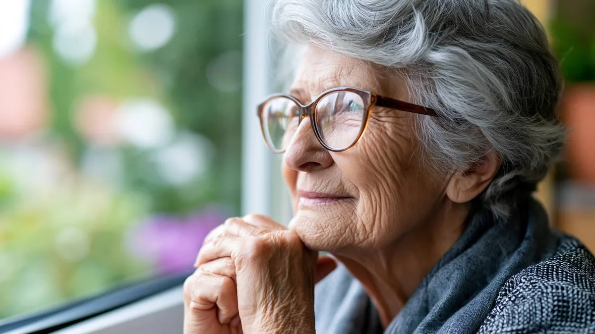 Une retraitée regarde par la fenêtre, chez elle