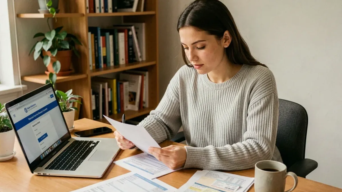 Une contribuable vérifie ses documents fiscaux devant son ordinateur portable
