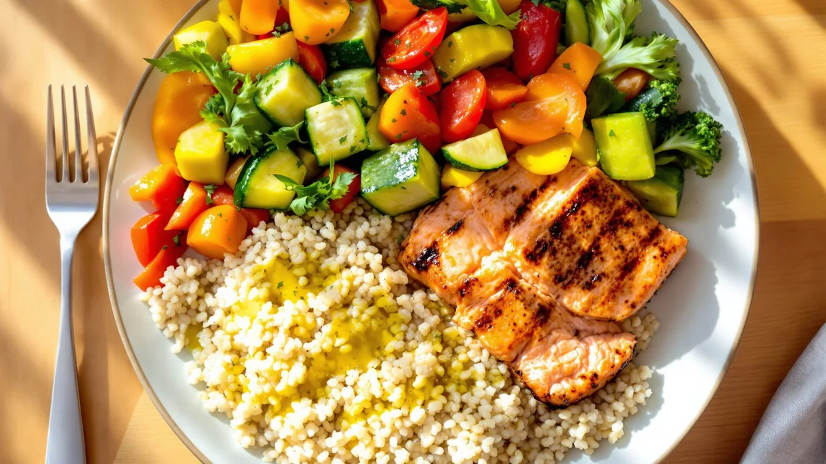 Une assiette équilibrée : légumes colorés, poisson grillé et céréales complètes