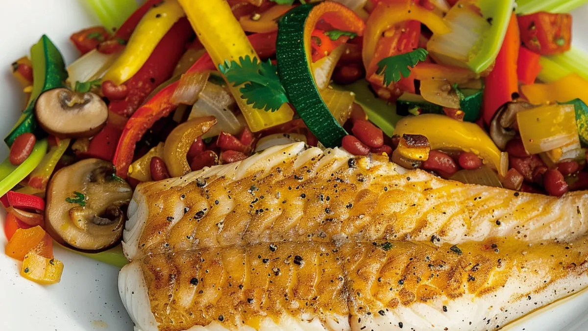Un filet de poisson accompagné de légumes sautés colorés