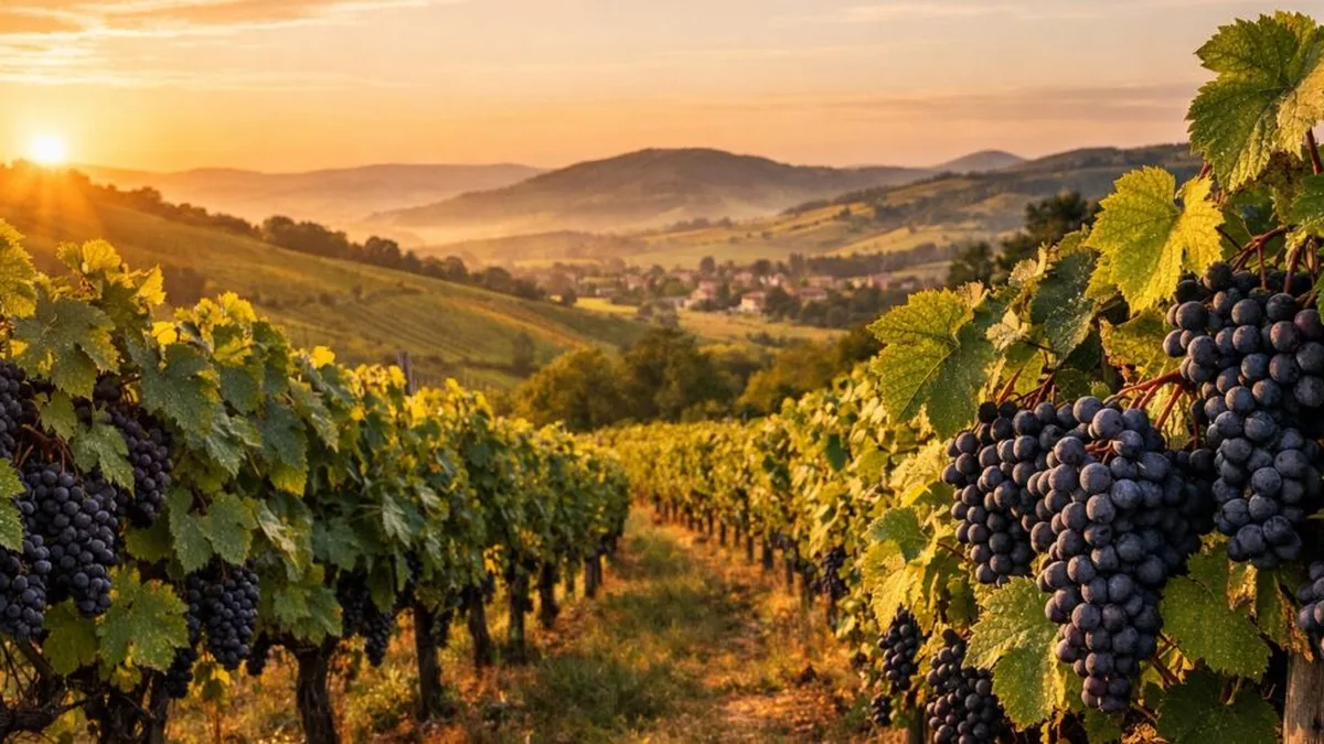 Grappes de gamay au coucher du soleil