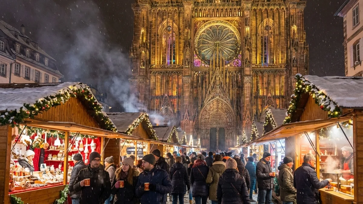 Le marché de Noël de Strasbourg devant la cathédrale illuminée