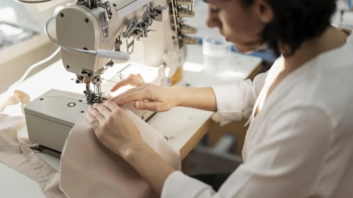Une couturière répare un vêtement sur sa machine à coudre