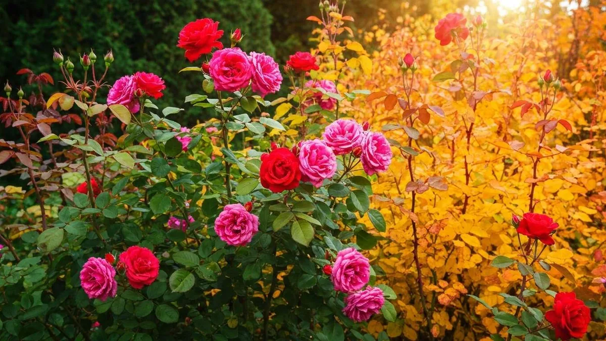 Des rosiers rouges et roses en fleurs dans un jardin d&rsquo;automne