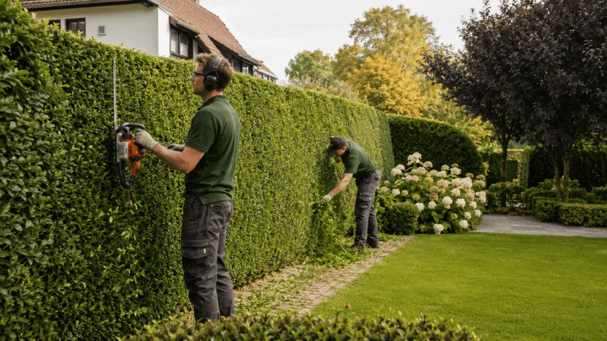 Un jardinier taille une haie dans un jardin