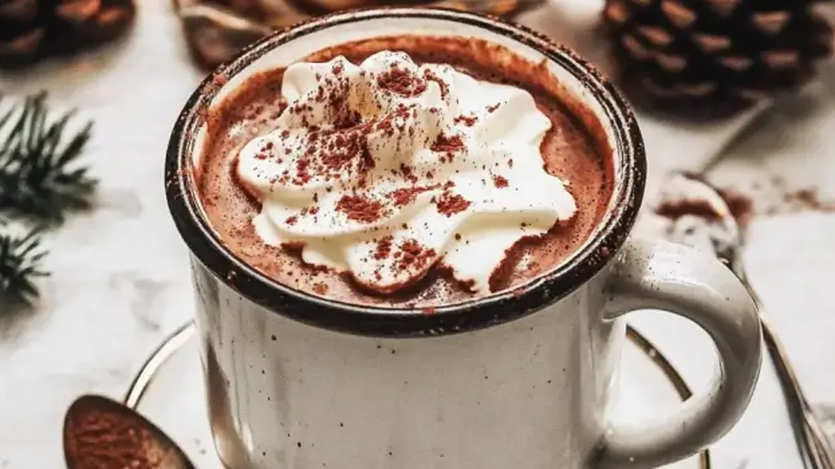Un chocolat chaud crémeux dans une tasse blanche, saupoudré de cacao