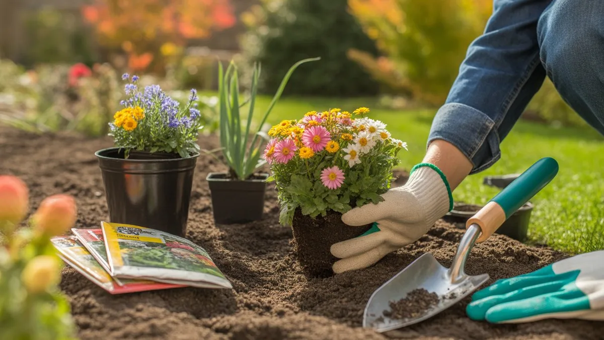 Mains gantées plantant des fleurs d&rsquo;automne dans une terre fraîchement retournée