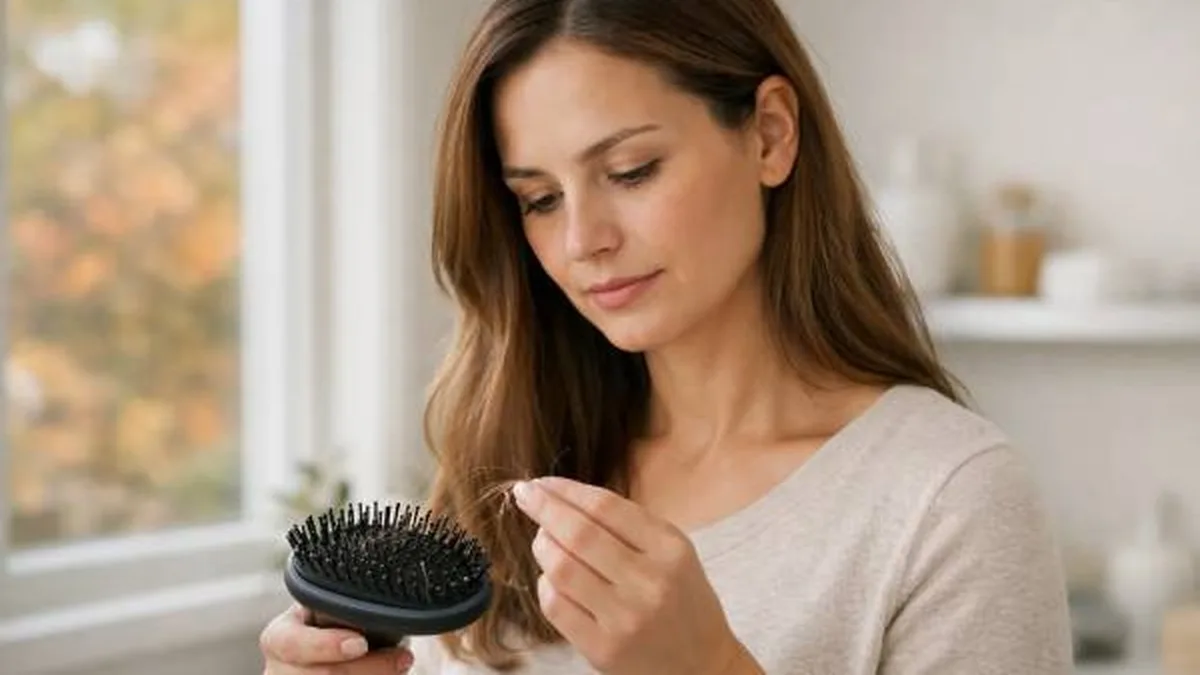 Une femme examine les cheveux restés sur sa brosse, près d&rsquo;une fenêtre d&rsquo;automne