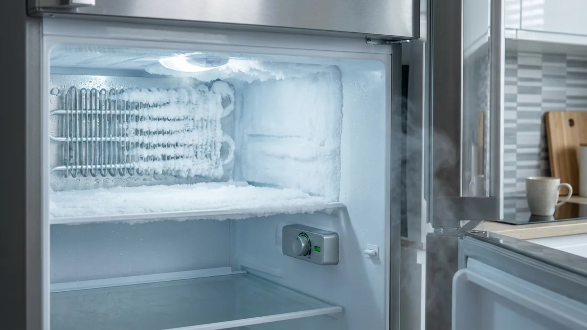 Intérieur d&rsquo;un congélateur recouvert d&rsquo;une épaisse couche de givre