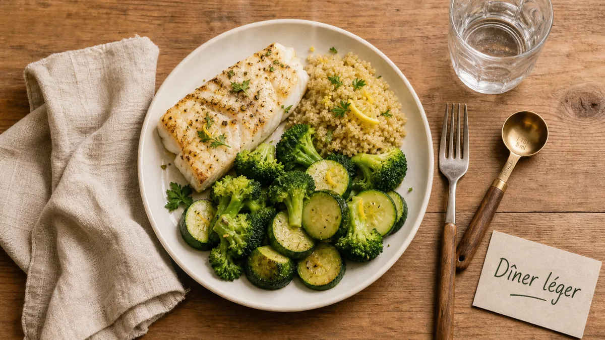 Un dîner léger : poisson, quinoa et légumes verts