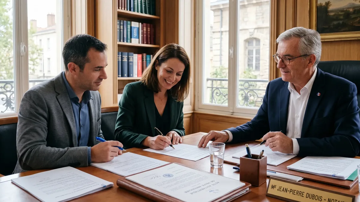 Un notaire reçoit des clients pour la signature d&rsquo;un acte de donation