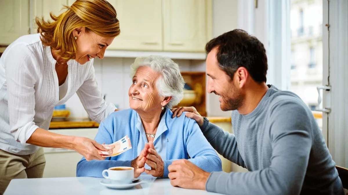 Une famille donnant de l&rsquo;argent à une grand-mère dans une cuisine