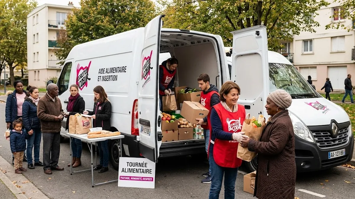 Des bénévoles distribuent des colis alimentaires lors d&rsquo;une tournée des Restos du Cœur