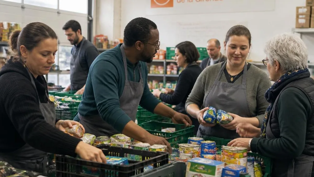 Des bénévoles trient des denrées alimentaires dans un entrepôt de la Banque Alimentaire
