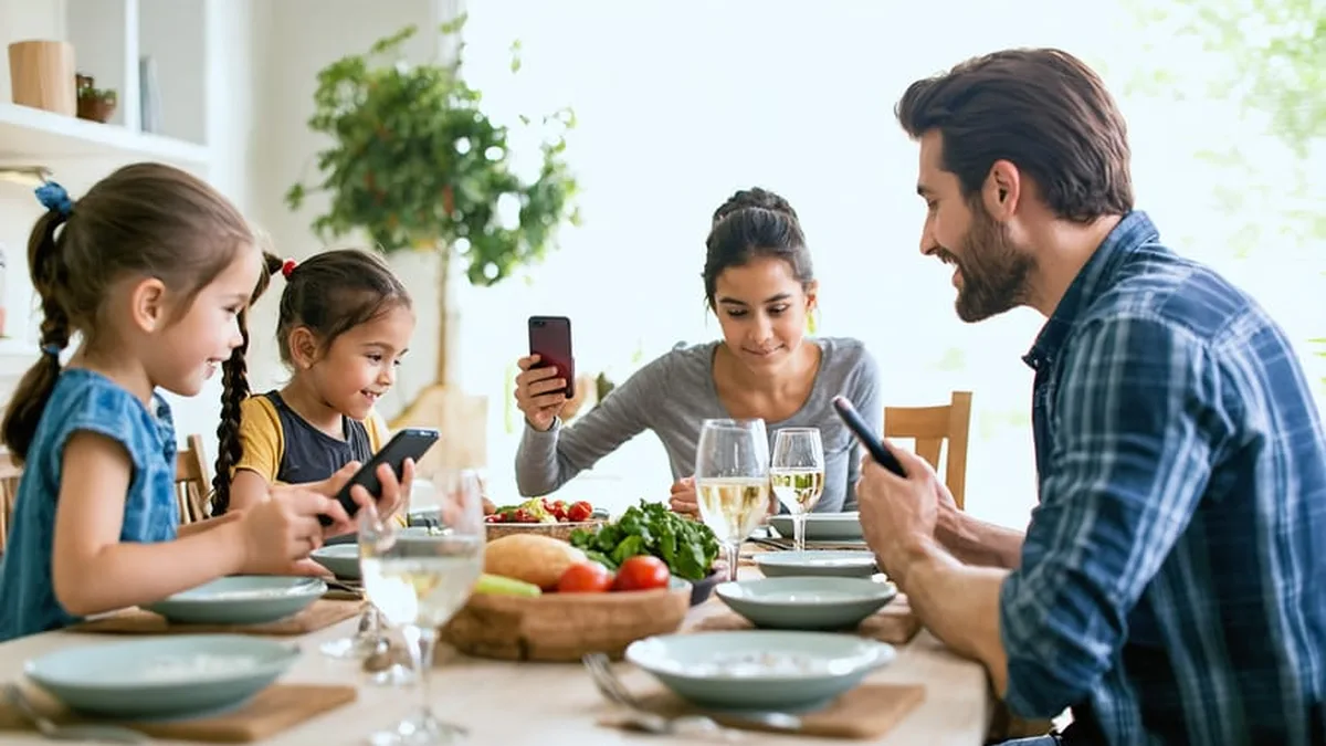 Une famille à table, chacun les yeux sur son smartphone pendant le repas