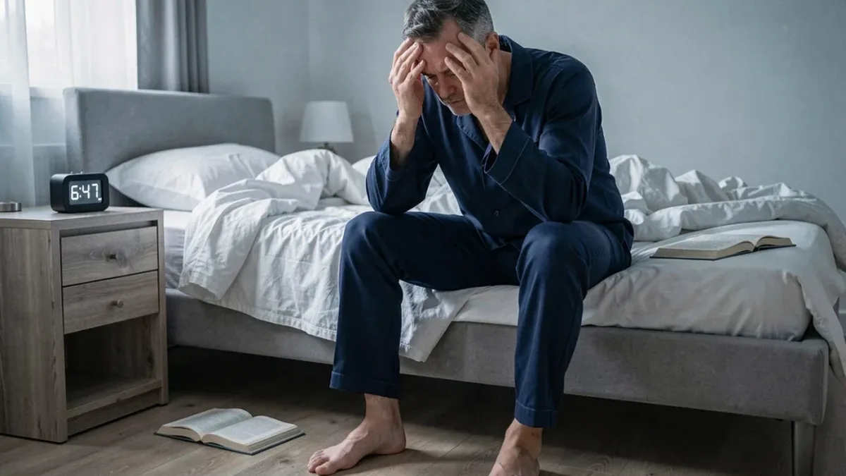 Une femme épuisée au réveil, assise sur son lit