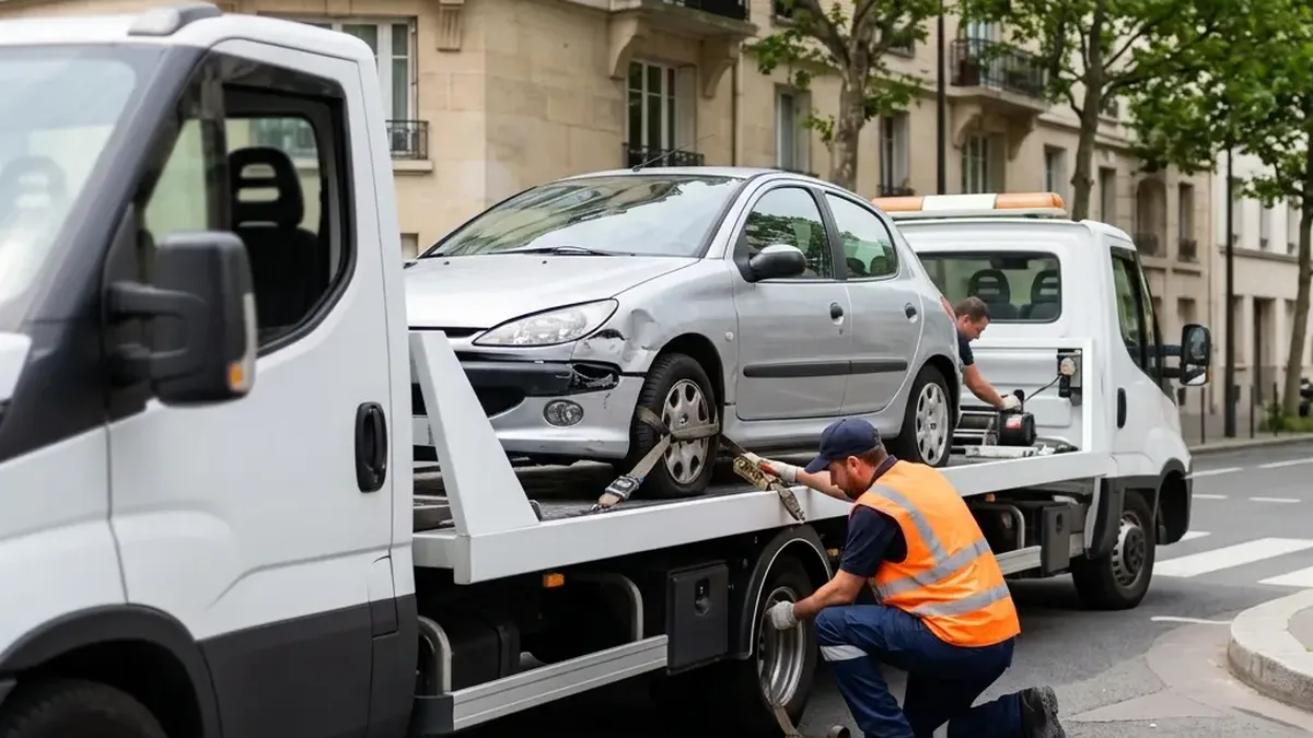 Une dépanneuse enlève une voiture en stationnement gênant dans une rue de ville