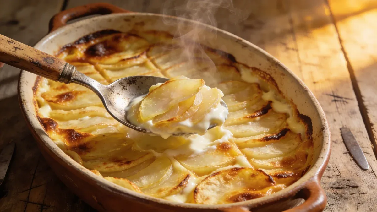 Gratin dauphinois doré sortant du four, servi à la cuillère dans son plat en terre