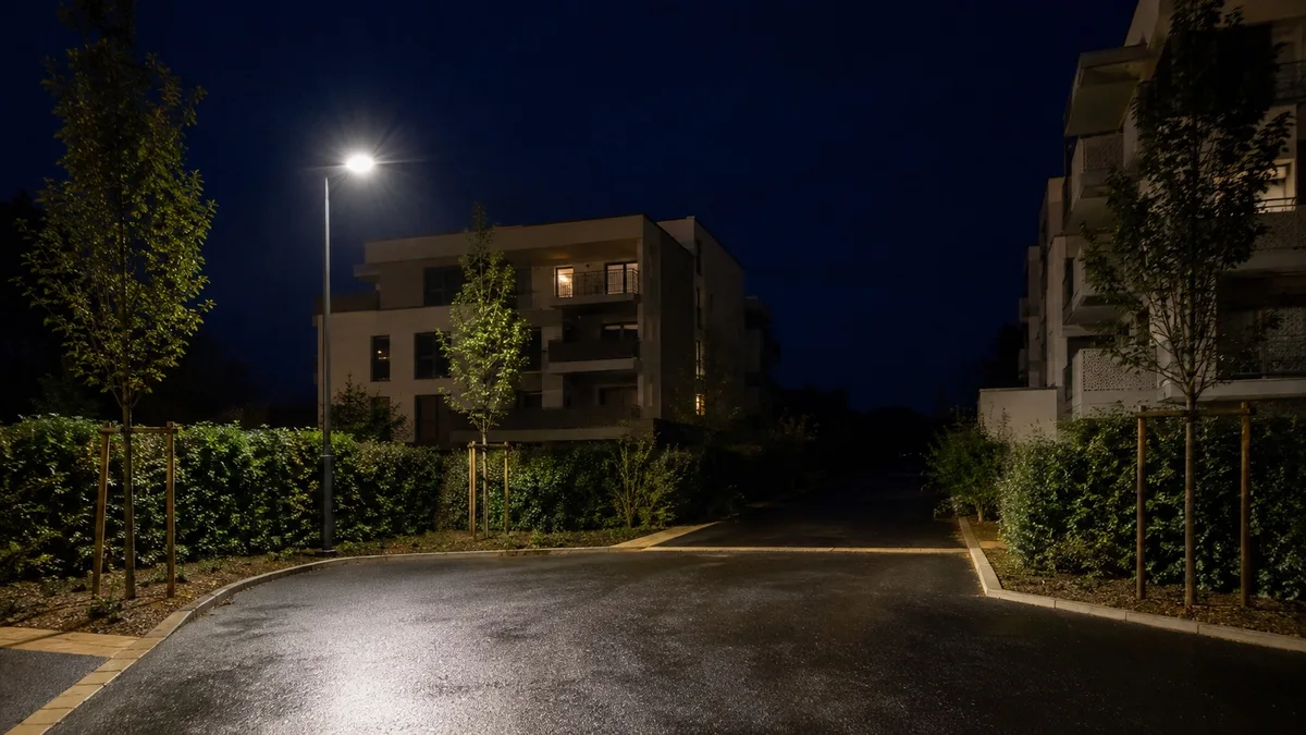 Une rue résidentielle la nuit sous un lampadaire