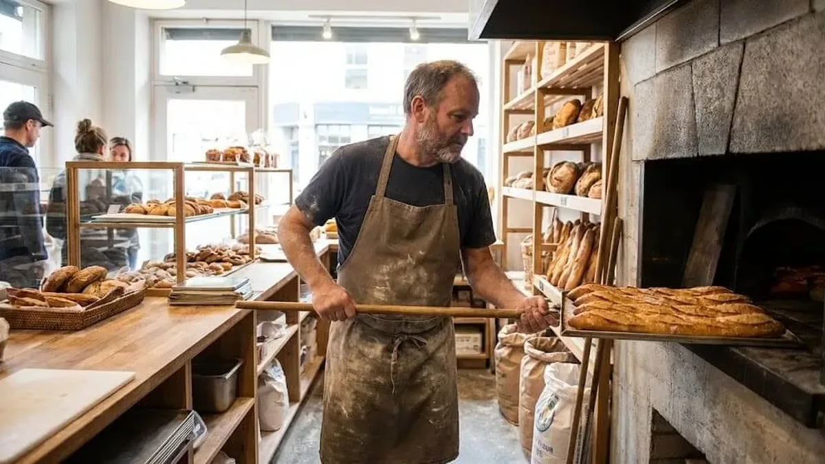 Un boulanger pétrit le pain dans son fournil