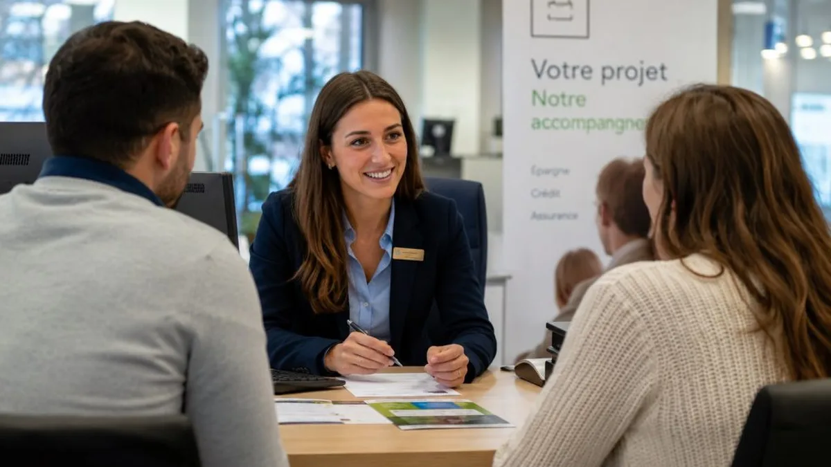 Une conseillère bancaire reçoit un couple en agence