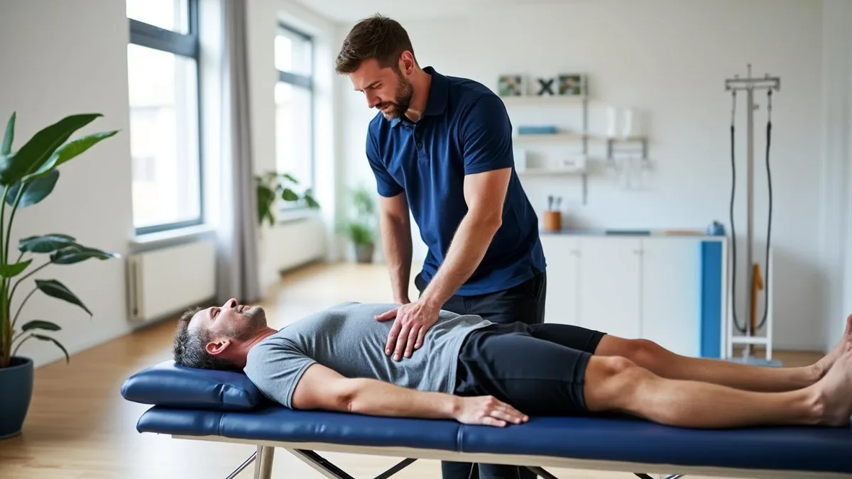 Un kinésithérapeute mobilise le dos d&rsquo;un patient sur une table de soin