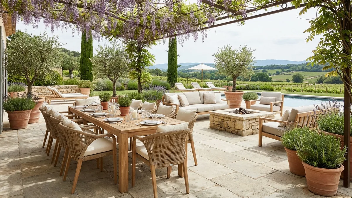 Terrasse de jardin exposée au vent fort dans le sud de la France