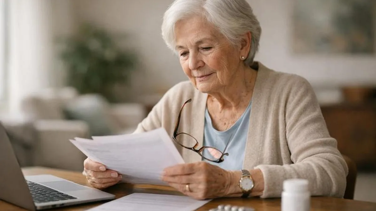 Une retraitée examine attentivement ses papiers d&rsquo;assurance santé à son domicile