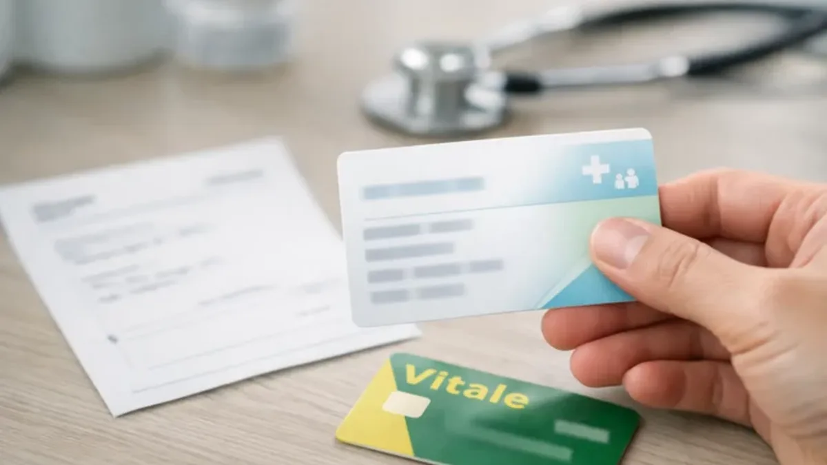 Une main tient une carte de mutuelle devant une Carte Vitale, un stéthoscope en arrière-plan