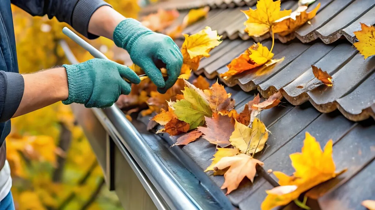 Des mains gantées retirent des feuilles d&rsquo;automne d&rsquo;une gouttière au-dessus d&rsquo;un toit de tuiles