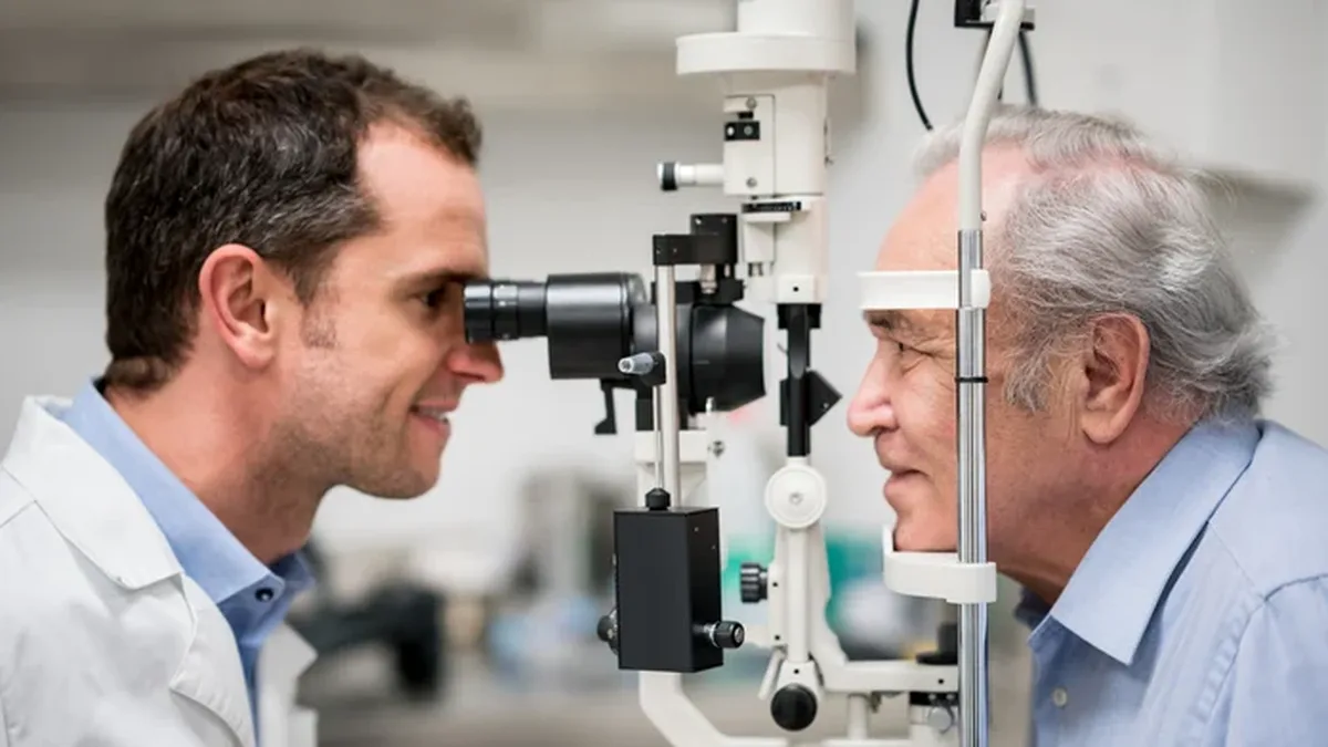 Un ophtalmologue examine un patient âgé avec un appareil d&rsquo;examen de l&rsquo;œil