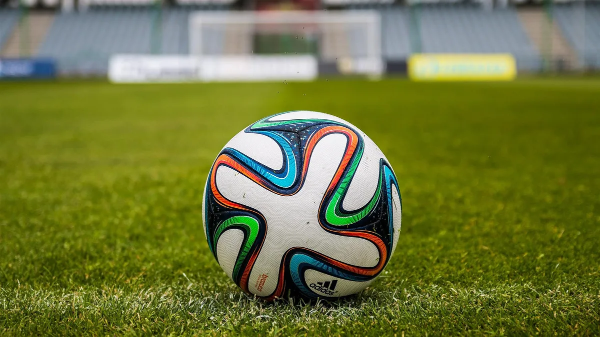 Un ballon de football posé sur la pelouse, devant un but