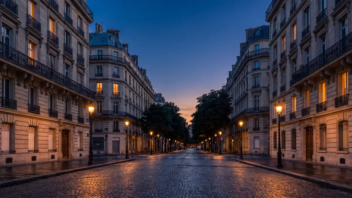 Une rue parisienne à la tombée du jour, lampadaires allumés