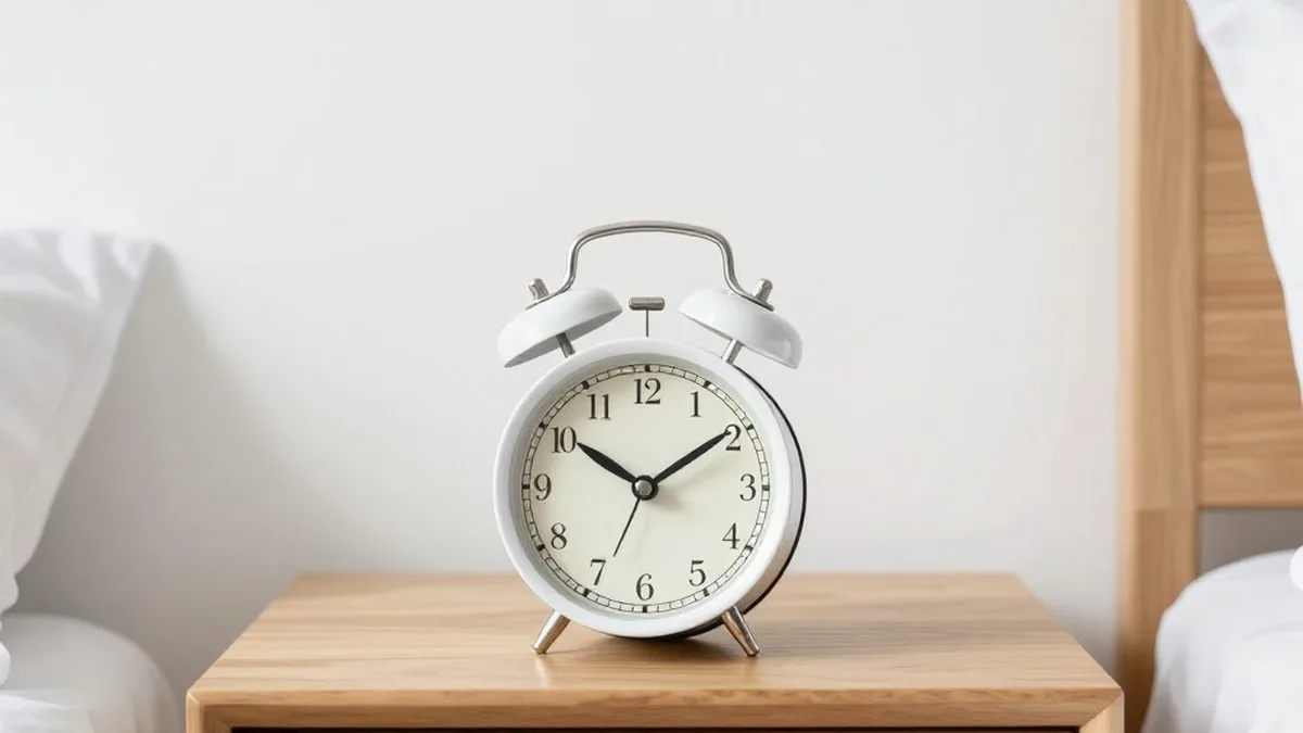 Un réveil posé sur une table de nuit, près d&rsquo;un lit