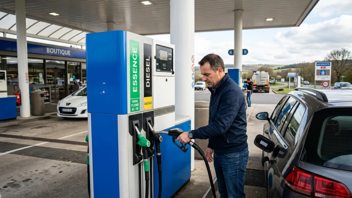 Un automobiliste fait le plein dans une station-service en France