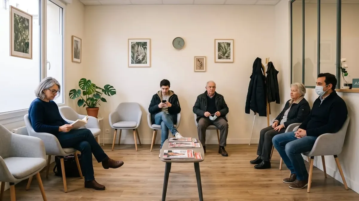 Une salle d&rsquo;attente de cabinet médical, avec des patients assis