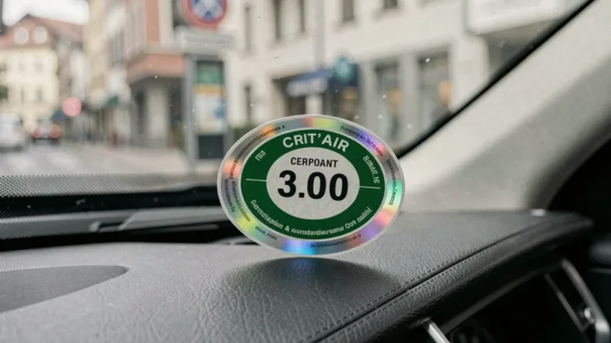 Une vignette Crit&rsquo;Air collée sur le pare-brise d&rsquo;une voiture