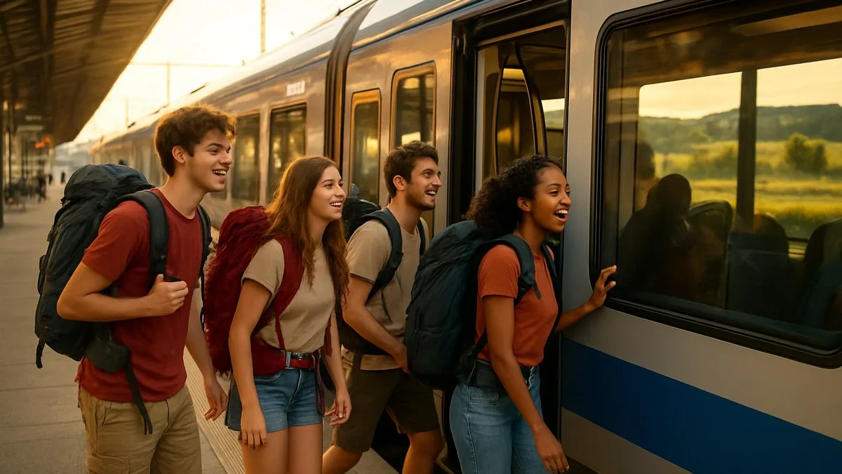 De jeunes voyageurs avec sacs à dos montent dans un train européen