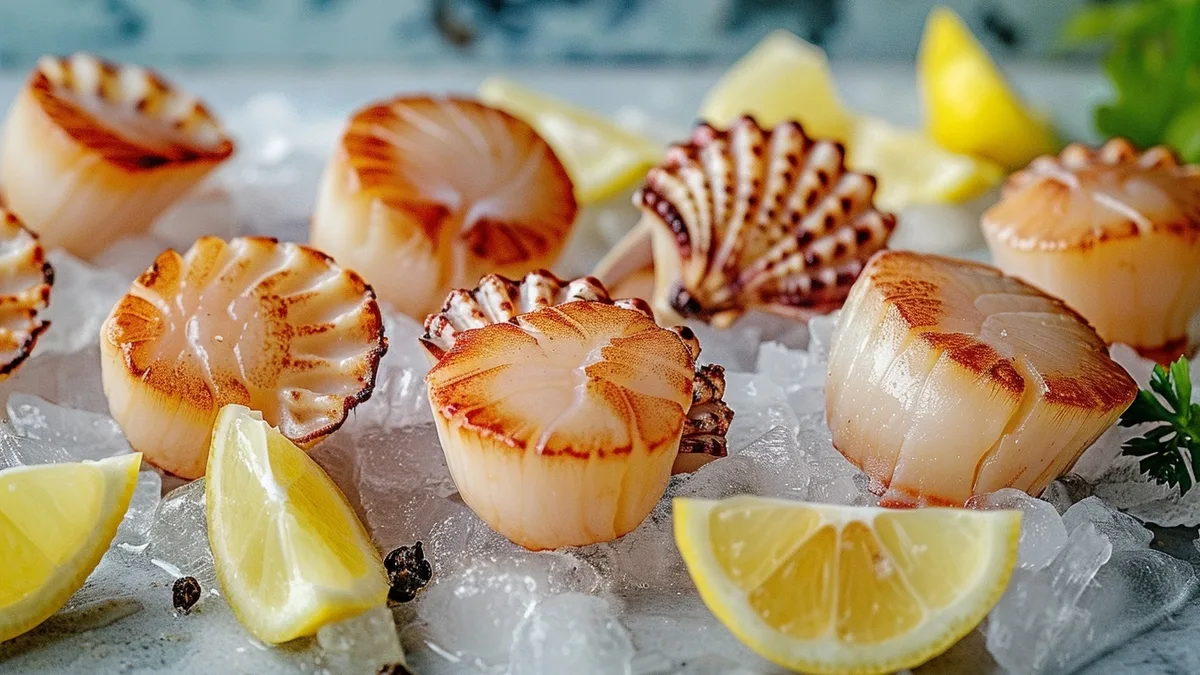 Des coquilles Saint-Jacques présentées sur de la glace, comme celles vendues en grande surface