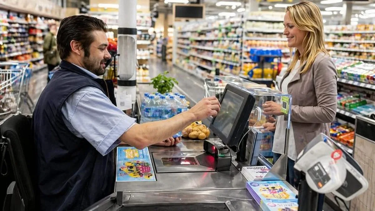 Une caissière de supermarché à son poste, les salariés au SMIC verraient leur fiche de paie augmenter