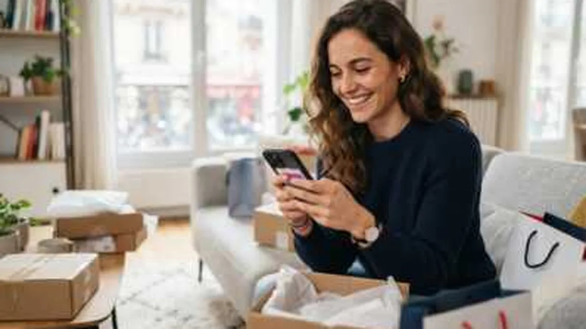 Une acheteuse utilise son smartphone pour un achat en ligne, entourée de colis
