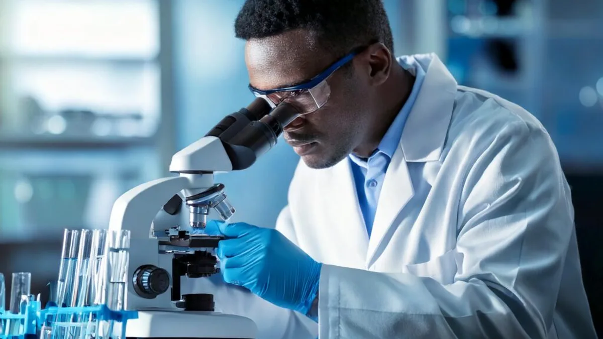 Un chercheur en blouse blanche observe un échantillon au microscope dans un laboratoire