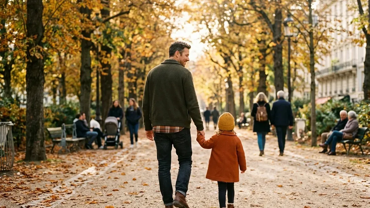 Un père marche main dans la main avec sa fille dans un parc en automne
