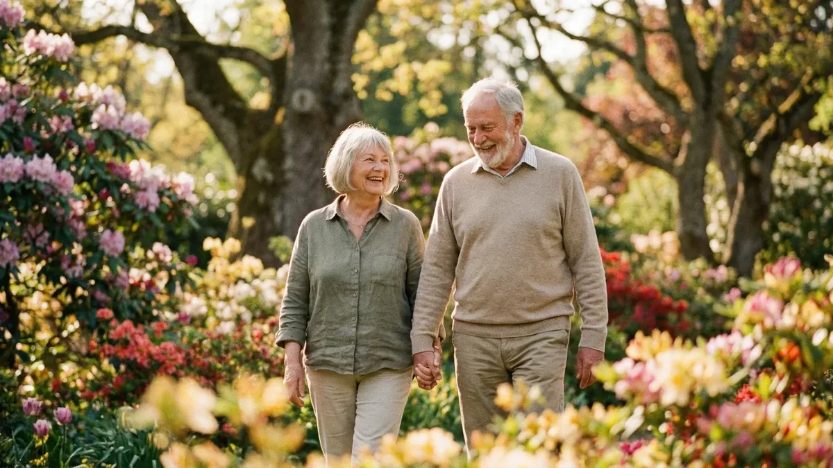 Un couple de retraités se promène dans un parc en automne