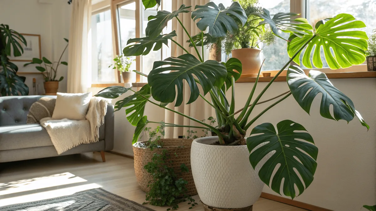 Un monstera en pot dans un salon lumineux, entouré d&rsquo;autres plantes d&rsquo;intérieur près des fenêtres