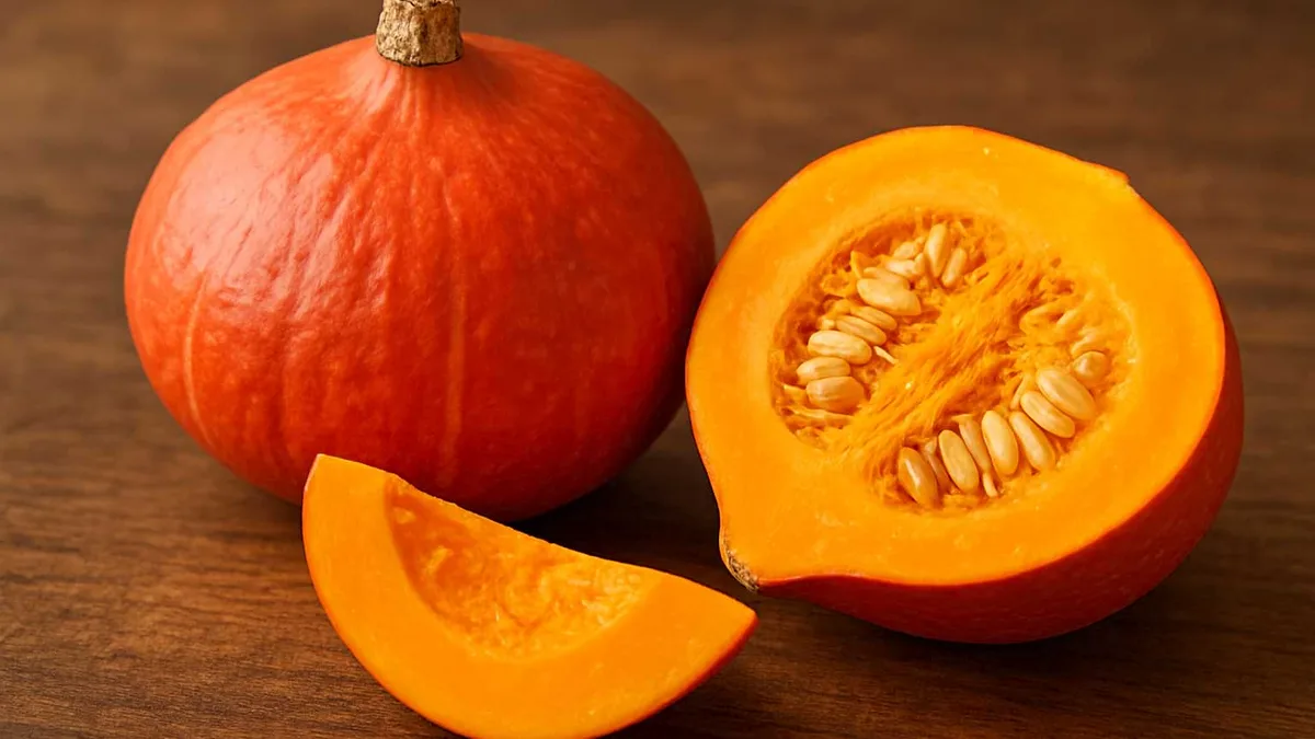 Potimarron coupé en deux, la chair orange et les graines visibles