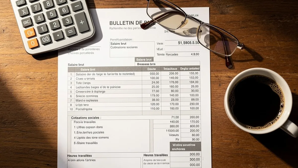 Un bulletin de paie posé sur un bureau, avec une calculatrice, des lunettes et une tasse de café