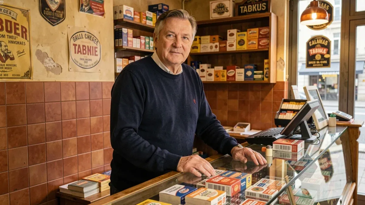 Étagères d&rsquo;un buraliste avec paquets de cigarettes et prix affichés